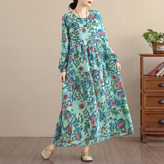 批发2026复古文艺印花连衣裙女春秋长袖<b class='q'>亚麻</b>棉长款大摆宽松花边裙