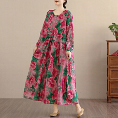 批发2026复古文艺印花连衣裙女春秋长袖<b class='q'>亚麻</b>棉长款大摆宽松花边裙