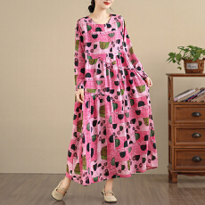 批发2026复古文艺印花<b class='q'>连衣裙</b>女春秋长袖亚麻棉长款大摆宽松花边裙