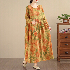 批发2026复古文艺印花<b class='q'>连衣裙</b>女春秋长袖亚麻棉长款大摆宽松花边裙