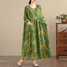 批发2026复古文艺印花<b class='q'>连衣裙</b>女春秋长袖亚麻棉长款大摆宽松花边裙