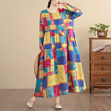 批发2026复古文艺印花<b class='q'>连衣裙</b>女春秋长袖亚麻棉长款大摆宽松花边裙