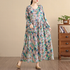 批发2026复古文艺印花<b class='q'>连衣裙</b>女春秋长袖亚麻棉长款大摆宽松花边裙