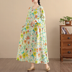 批发2026复古文艺印花<b class='q'>连衣裙</b>女春秋长袖亚麻棉长款大摆宽松花边裙