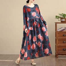 批发2026复古文艺印花连衣裙女春秋<b class='q'>长袖</b>亚麻棉长款大摆宽松花边裙