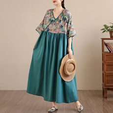 批发2026棉麻夏季新款V领拼接复古风连衣裙<b class='q'>中老年</b><b class='q'>妈妈</b>装大码长裙