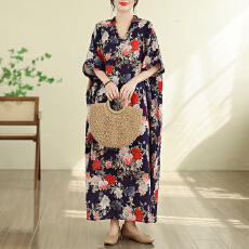 批发实拍 2026夏季花色度假风旅游V领复古长裙遮肉棉麻<b class='q'>连衣裙</b>