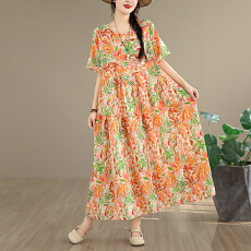 批发2026复古文艺印花<b class='q'>连衣裙</b>女春夏短袖<b class='q'>亚麻</b>棉长款大摆宽松花边裙