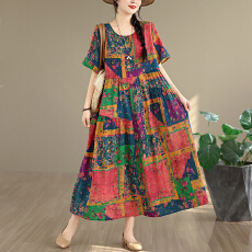 批发2026复古文艺印花<b class='q'>连衣裙</b>女春夏短袖<b class='q'>亚麻</b>棉长款大摆宽松花边裙
