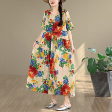 批发2026复古文艺印花<b class='q'>连衣裙</b>女春夏短袖<b class='q'>亚麻</b>棉长款大摆宽松花边裙