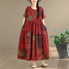 批发2026复古文艺印花<b class='q'>连衣裙</b>女春夏短袖<b class='q'>亚麻</b>棉长款大摆宽松花边裙