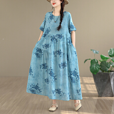 批发2026复古文艺印花<b class='q'>连衣裙</b>女春夏短袖<b class='q'>亚麻</b>棉长款大摆宽松花边裙