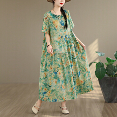 批发2026复古文艺印花连衣裙女春夏短袖亚麻棉长款大摆宽松花边裙