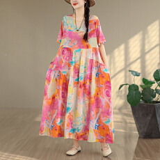 批发2026复古文艺印花连衣裙女春夏短袖亚麻棉长款大摆宽松花边裙