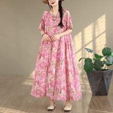 批发2026复古文艺印花连衣裙女春夏短袖亚麻棉长款大摆宽松花边裙