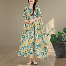 批发2026复古文艺印花连衣裙女春夏短袖亚麻棉长款大摆宽松花边裙