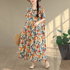 批发2026复古文艺印花连衣裙女春夏短袖亚麻棉长款大摆宽松花边裙