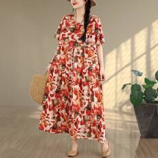 批发2026复古文艺印花连衣裙女春夏短袖亚麻棉长款大摆宽松花边裙