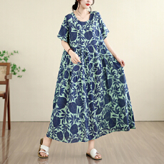 批发2026复古文艺印花<b class='q'>连衣裙</b><b class='q'>女</b>春夏短袖亚麻棉长款大摆宽松花边裙