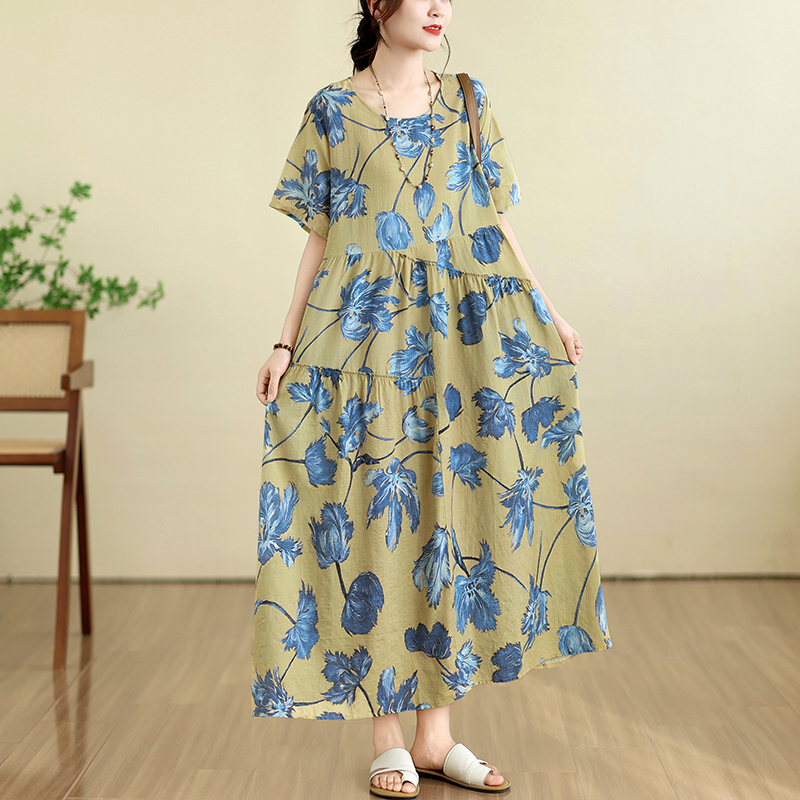 RY6499# 2026复古文艺印花连衣裙女春夏短袖亚麻棉长款大摆宽松花边...