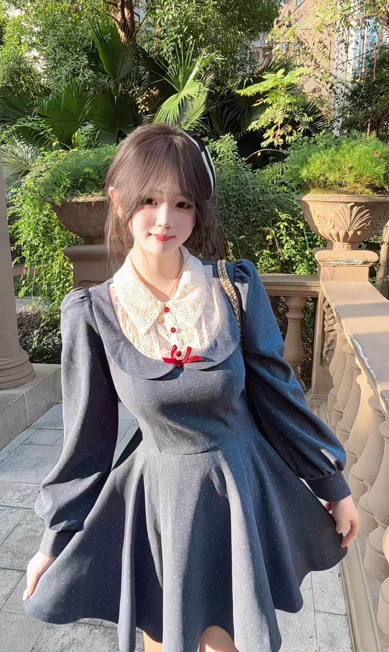 페이크 레이어드 도트 무늬 프린트 스트랩 모직 여성 드레스 허리 수축 천 금빛 바람 치마