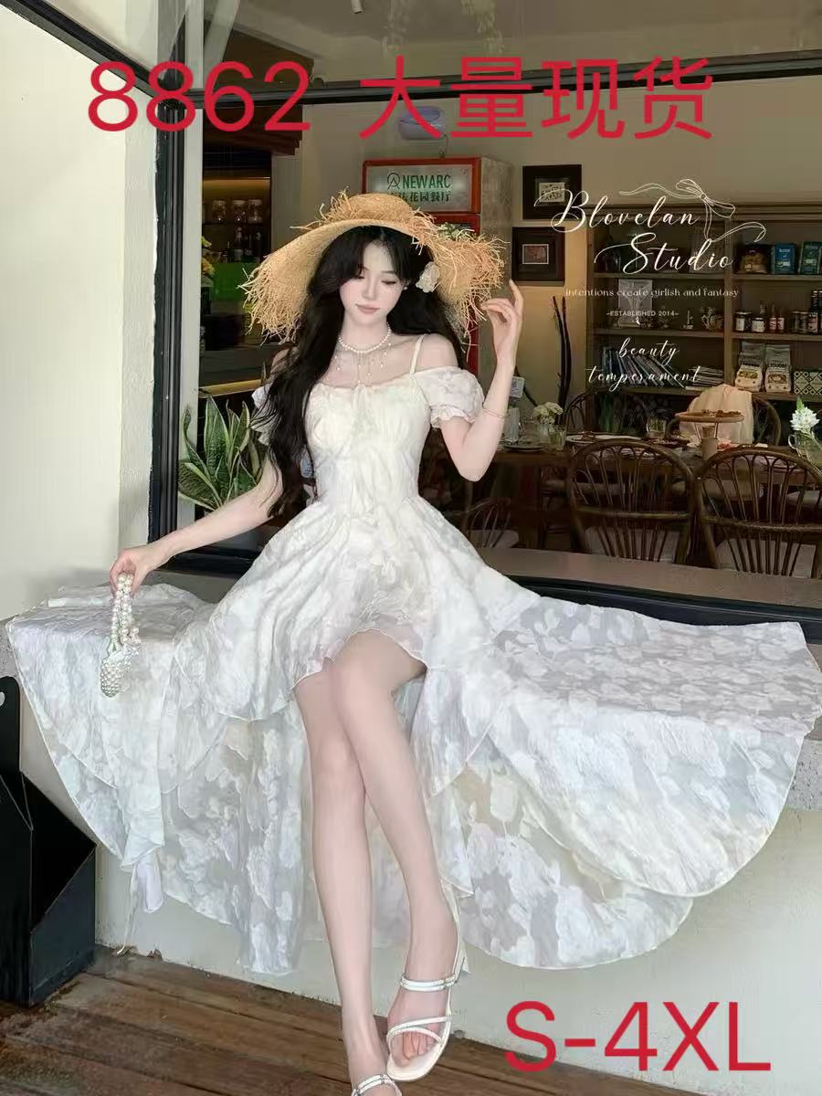 빅 사이즈 통통한 여동생 감기 萃 재스민 프랑스식 휴가 바람 레이스 드레스 오프숄더 허리 수축 불규칙 요정 치마