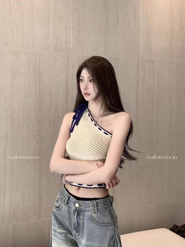 털 샤오 통 같은 단락 나비 두부 비스듬한 어깨 의류 봄 여름 니트 배색 비스듬한 어깨 레이스업 조끼