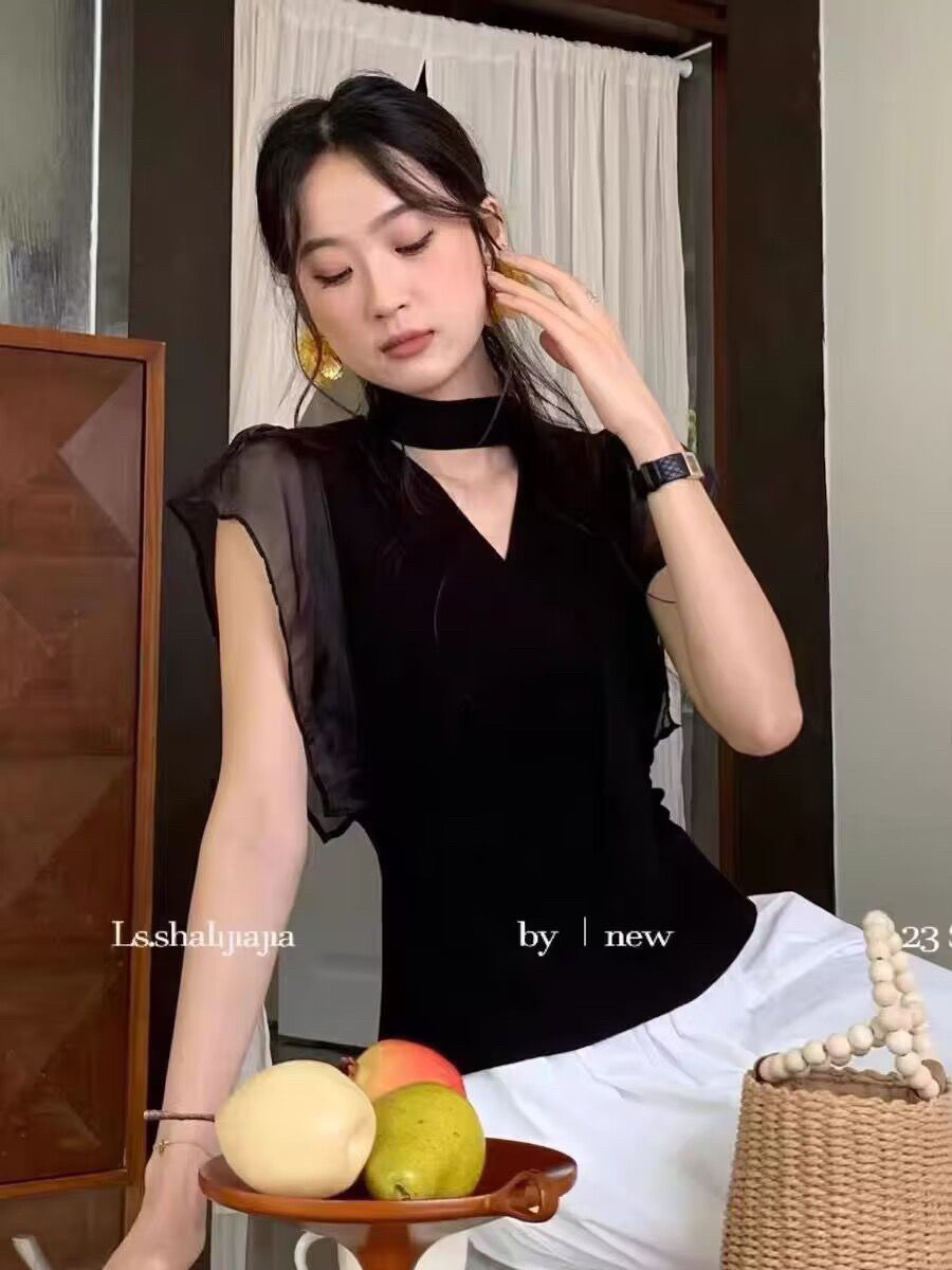 항저우 시징 고급 여성 의류 도매 열세 개 리본 니트 스웨터 연꽃 잎 레이스 조끼 티셔츠 맨위 여름