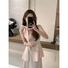 批发杏色针织小吊带背心女夏季纯欲风性感<b class='q'>中长款</b>收腰显瘦开叉无袖上衣