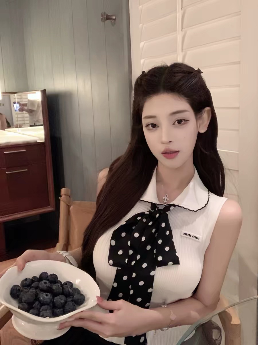luna 루 Na 423 신제품 장 원 영어 스타일 조끼 얼음 실크 탑 옷깃 학원 작은 셔츠