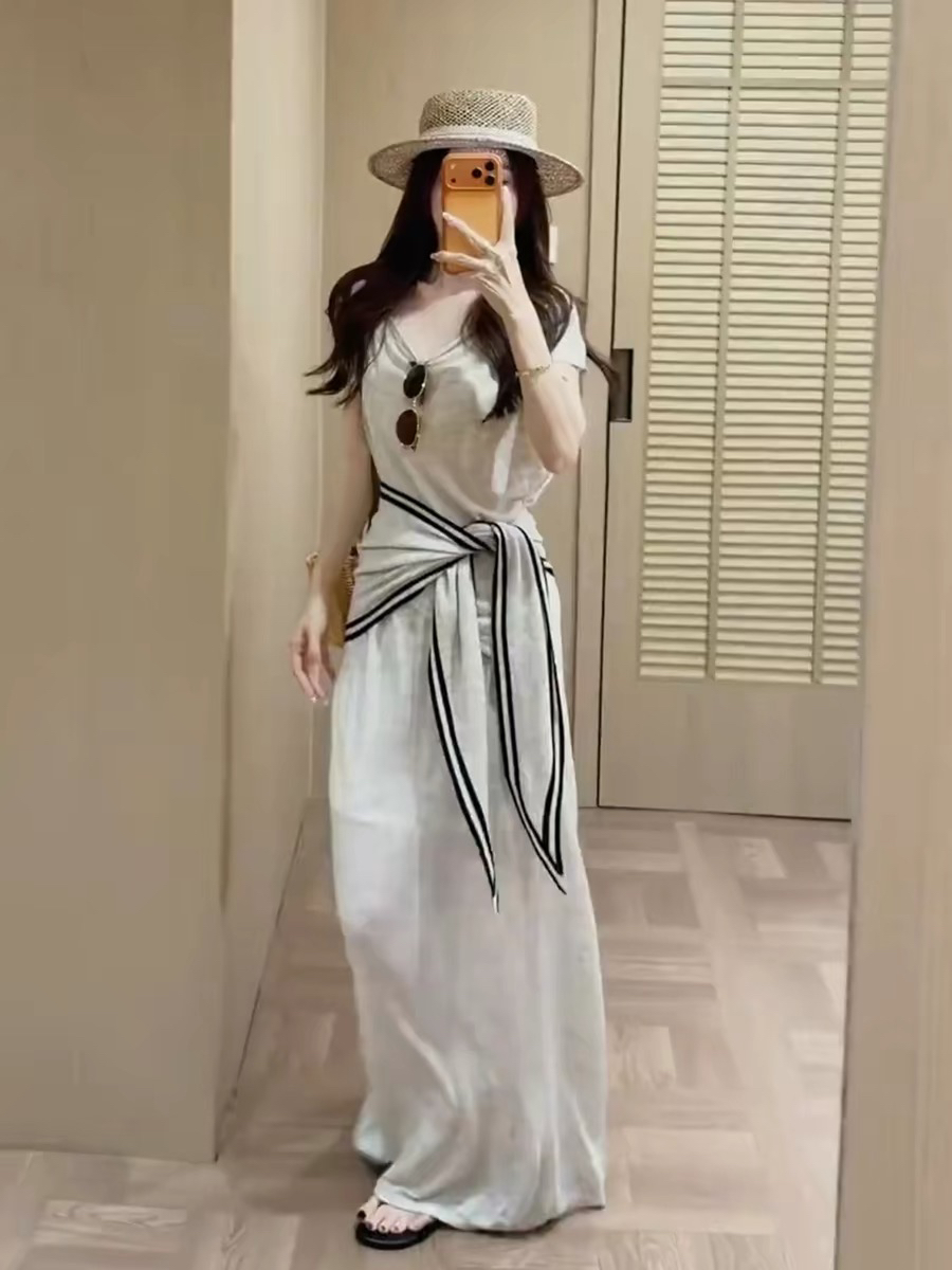 프랑스식 한 부서 품격 오트밀 색상 드레스 아이들 여름 느긋한 바람 흔들다 칼라 반팔 맨위 반신 스커트 투피스 세트