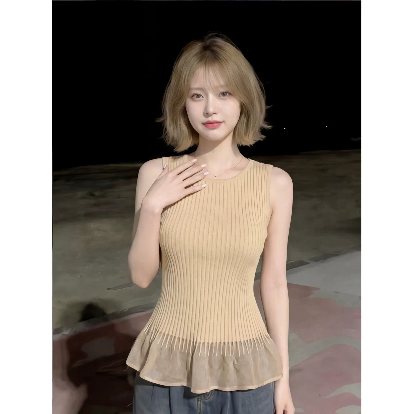 디자인 센스 구덩이 기사 니트 조끼 여성 여름 배색 패치워크 페이크 레이어드 민소매 맨위 프릴 치마 작은 셔츠