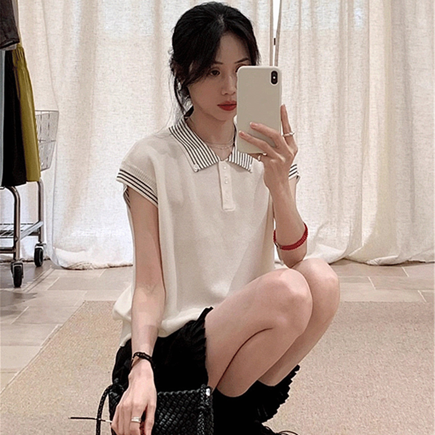 학원 스타일 polo 폴로 칼라 스트라이프 니트 스웨터 반팔 여성 여름 반소매 고급 센스 슈퍼 잘 생긴 작은 날다 소매 맨위