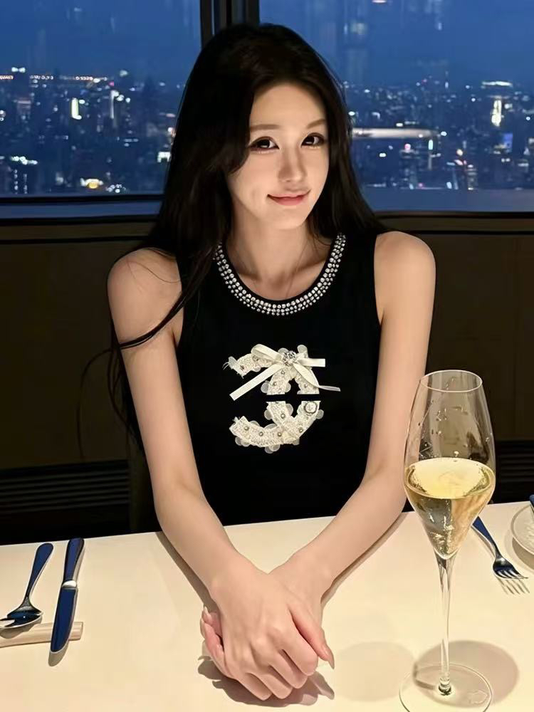 g1 studios 명문 여성 바람 검정색 진주 칼라 조끼 여성 순수한 욕망 절묘한 자수 몸매 가꾸기 슬림해 보이는 민소매 맨위