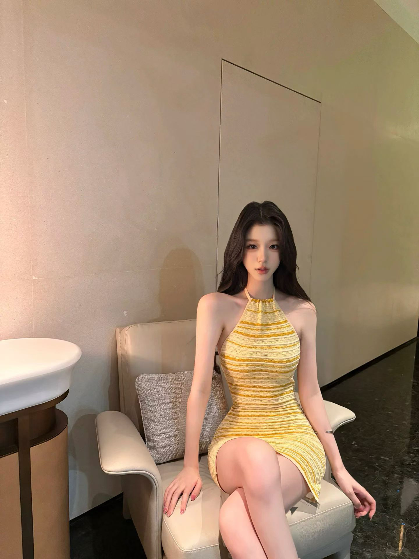 한 비 지아 c lt gaia erina 시리즈 밝은 황색 스트라이프 레이스업 백리스 허리 수축 타이트 스커트 니트 원피스