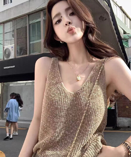 프랑스식 오래된 돈 바람 V넥 니트 캐미솔 여름 고급 센스 아름다움 뒤로 외출용 루즈핏 슬림해 보이는 민소매 맨위