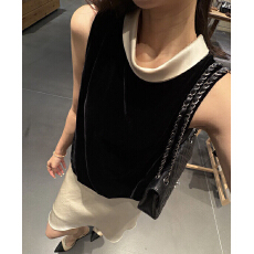 批发法式撞色丝绒挂脖<b class='q'>无袖</b>背心女夏季高级感醋酸缎面鱼尾半身裙两件套