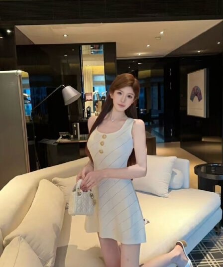 천 골드 센스 u 칼라 민소매 조끼 스커트 여름 고급 센스 금속 버클 순수한 욕망 몸매 가꾸기 슬림해 보이는 타이트 스커트 작은 키