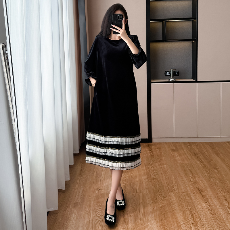 MY12906# 轻奢法式丝绒拼接荷叶边裙优雅大方高级感大码显瘦连衣裙女裝貨源服裝批發