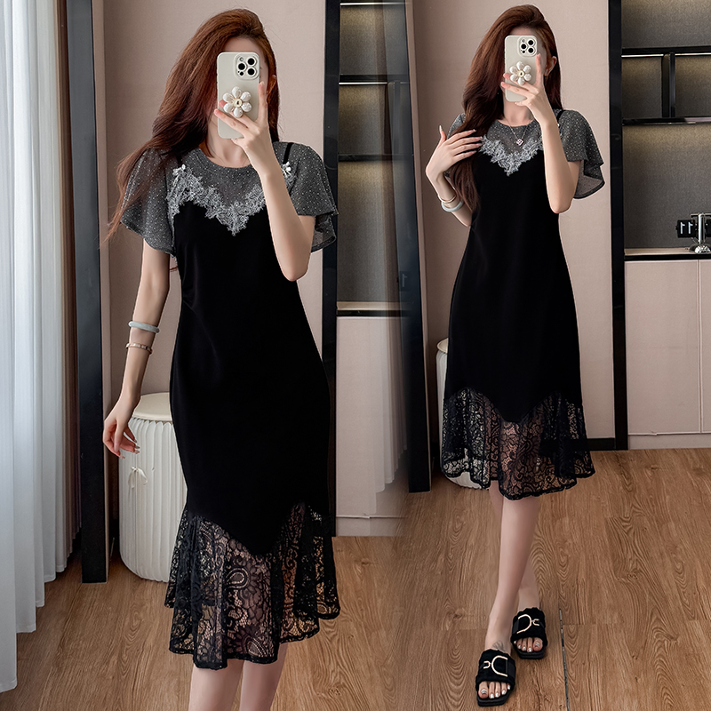 RY2709# 高级感轻奢拼接连衣裙女2026夏气质大码显瘦设计感t恤裙百搭