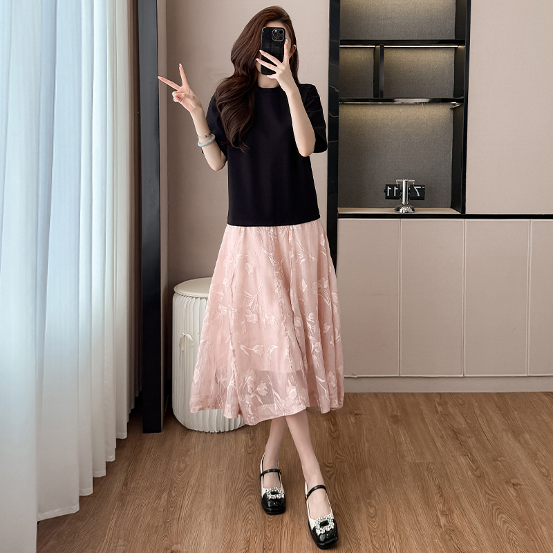 RY2707# 高级感轻奢雪纺拼接连衣裙2026夏气质大码圆领显瘦设计感T恤裙