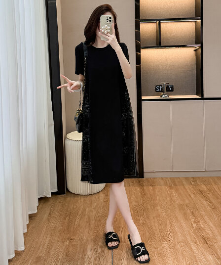 한 부서 고급 센스 꽃무늬 패치워크 드레스 2026 여름 외국 가스 연령 감소 루즈핏 슬림해 보이는 라운드 넥 다용도 티셔츠 치마