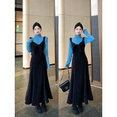 批发大码法式甜美蝴蝶结吊带连衣裙女秋冬装堆堆加绒<b class='q'>打底衫</b>显瘦两件套