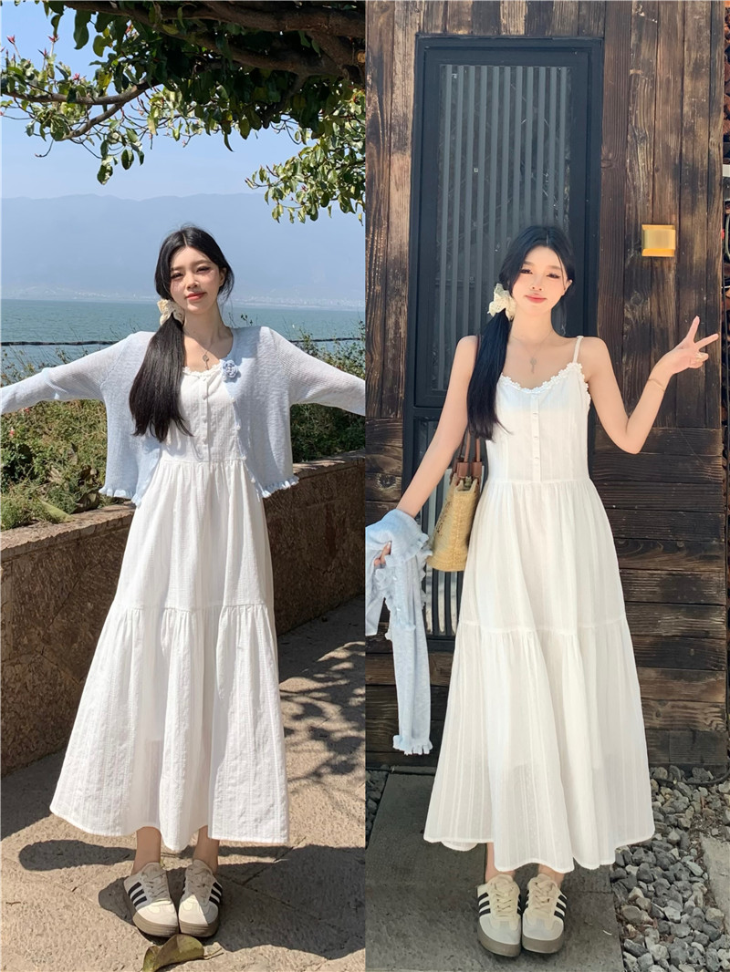 실사 빅 사이즈 부드러운 첫사랑 센스 화이트 슬립 드레스 품격 착용 가져 가라. 슬림해 보이는 부드러운 바람 여름 드레스
