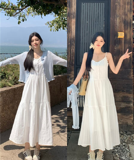 실사 빅 사이즈 부드러운 첫사랑 센스 화이트 슬립 드레스 품격 착용 가져 가라. 슬림해 보이는 부드러운 바람 여름 드레스