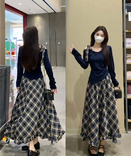 실사 빅 사이즈 비스듬한 어깨 긴팔 맨위 쉬폰 체크무늬 반신 스커트 여성복 얇은 스타일 2026 새로운 드레스