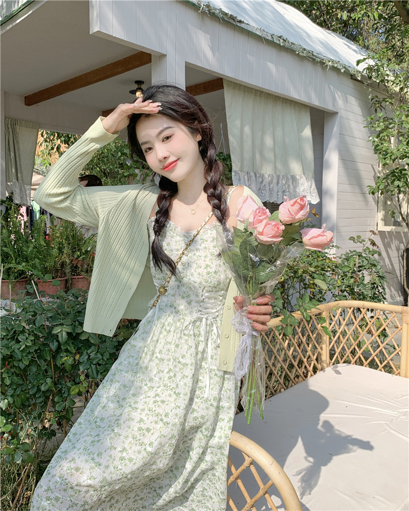 실사 빅 사이즈 2026 새로운 작은 청신 달콤함 롱 스커트 꽃무늬 슬립 점프 슈트 치마 투피스 슈트 여성 여름