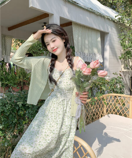 실사 빅 사이즈 2026 새로운 작은 청신 달콤함 롱 스커트 꽃무늬 슬립 점프 슈트 치마 투피스 슈트 여성 여름