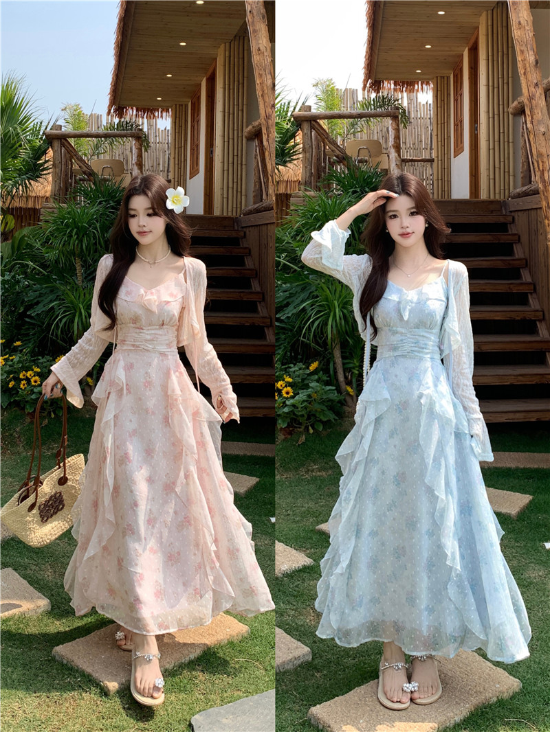 실사 빅 사이즈 프랑스식 꽃무늬 치마 여성 2026 봄 여름 새로운 니트 블라우스 프릴 슬립 드레스 투피스 세트