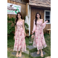 批发实拍~大码碎花连衣裙套装2026年夏季新款女装A字裙时尚收腰两件套